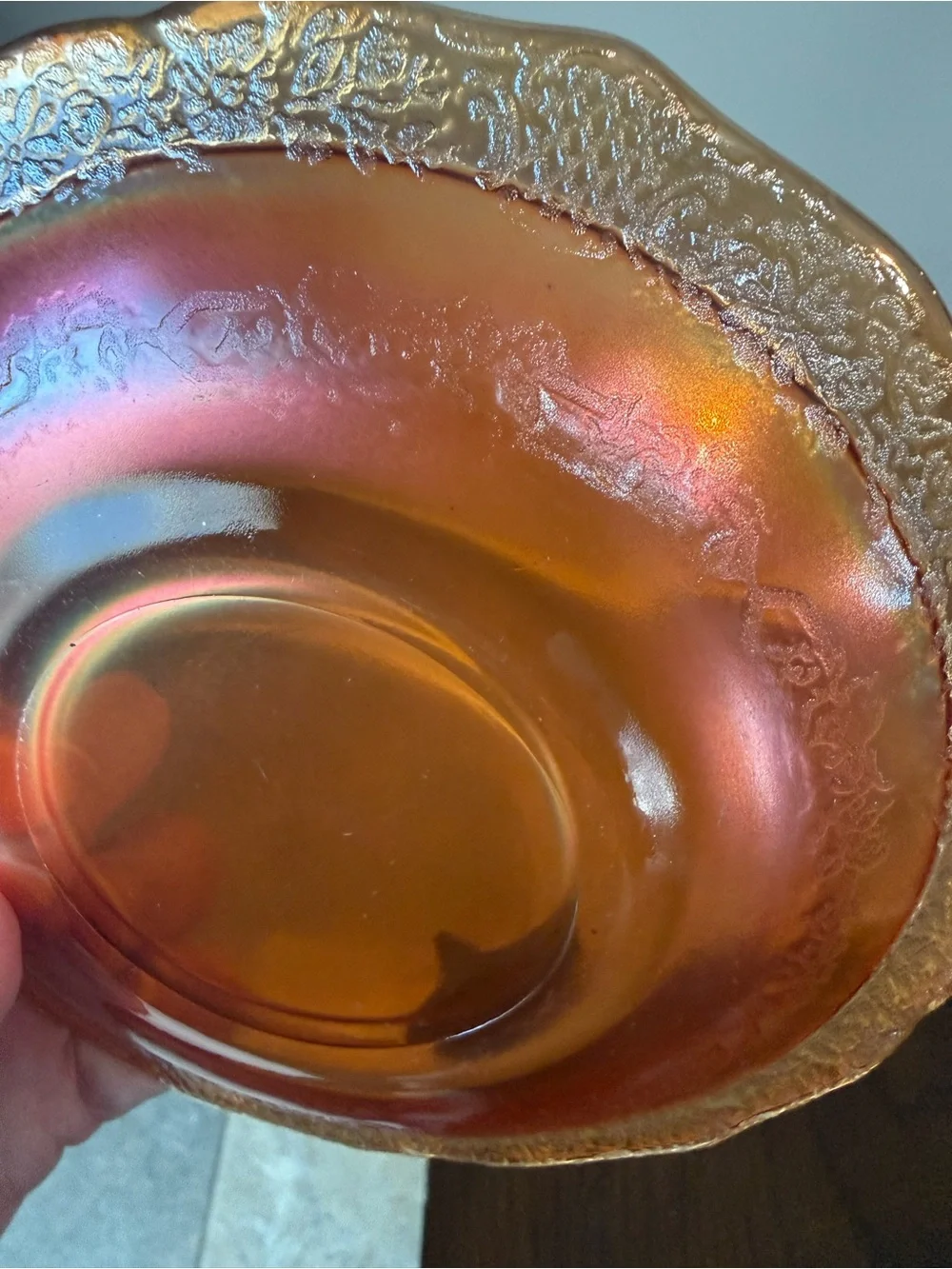 4 pc Vintage Federal Carnival Glass Marigold Bouquet Cup Saucers